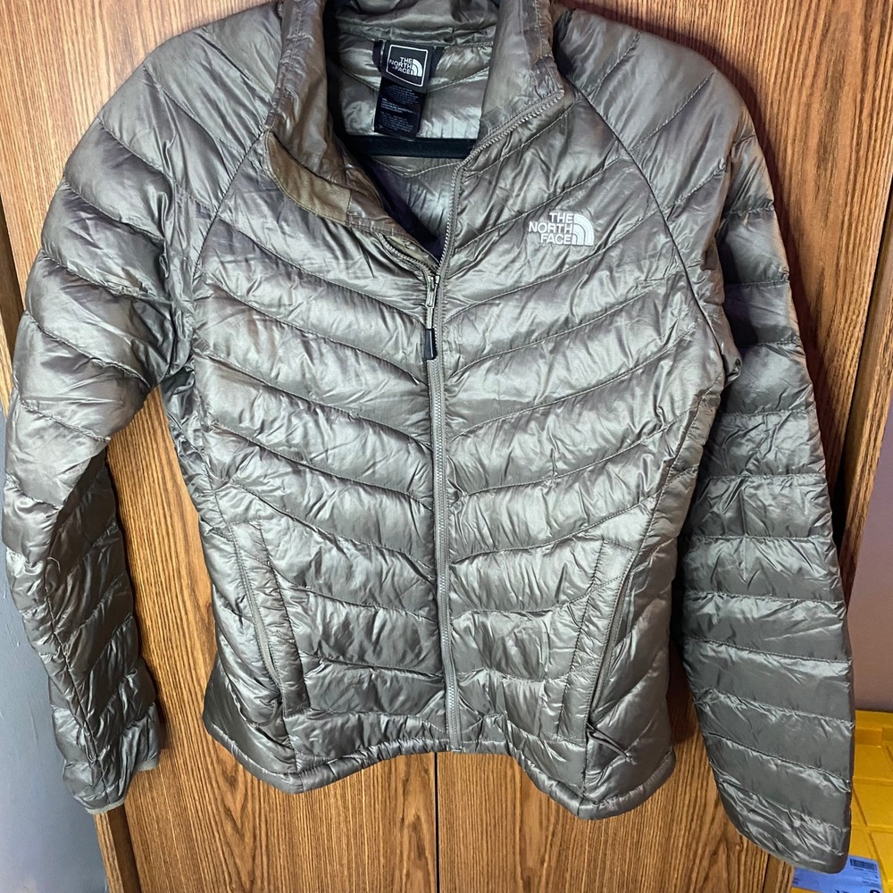 The North Face Puffer Jacket Womens Small Taupe Quilted Down Insulated Full Zip